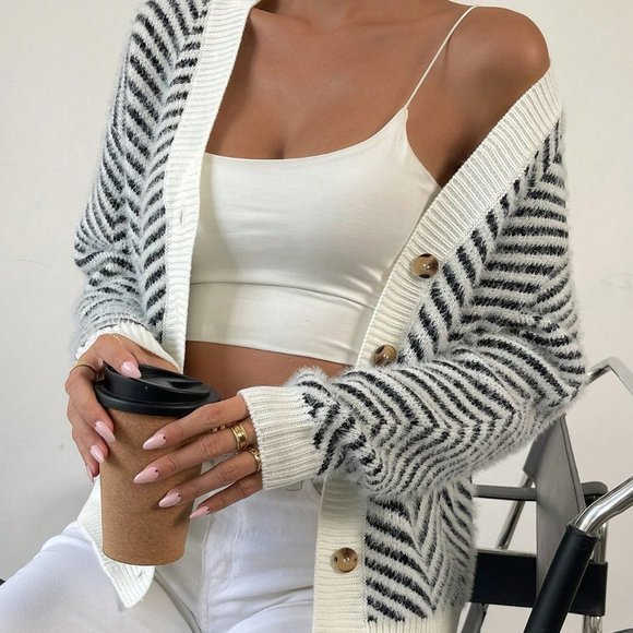 White Preppy Womens Striped Pattern Button Front Drop Shoulder Cardigan - Picture 5 of 5